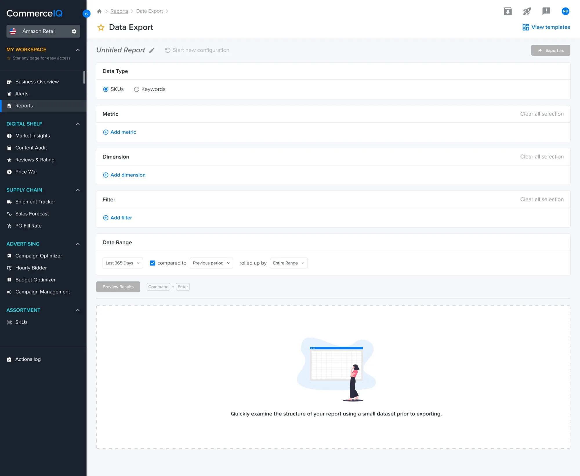 Data export feature, main view