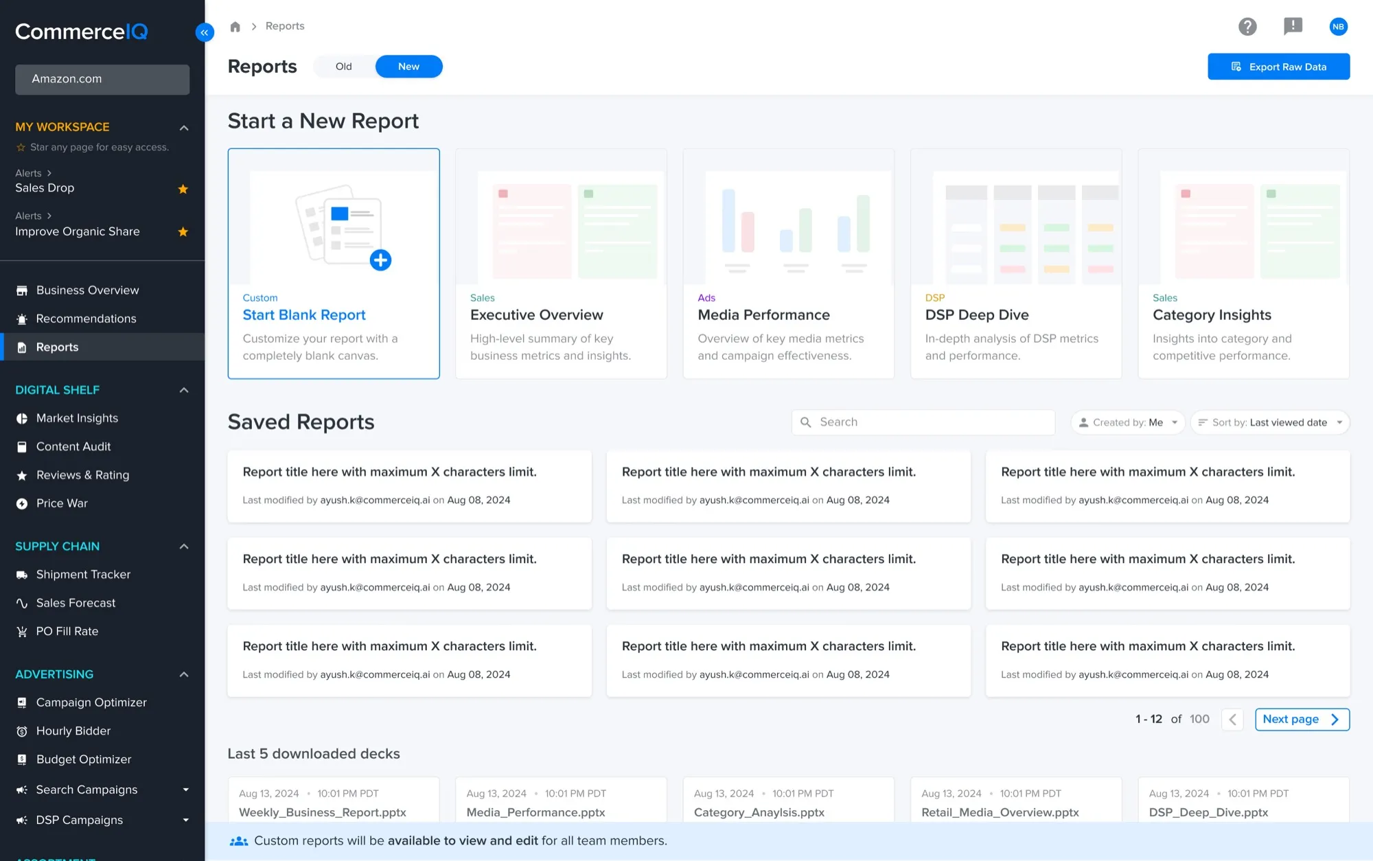 Reporting module homescreen